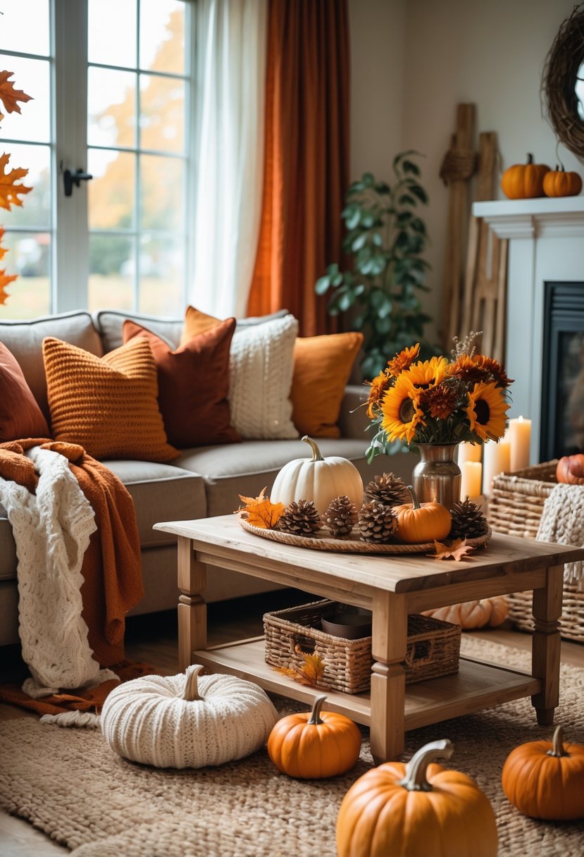 28 Fall-Inspired Home Styling Tips for a Warm and Inviting Space 31 A cozy living room decorated with autumn colors, pumpkins, flowers, and warm blankets near a window with natural light.