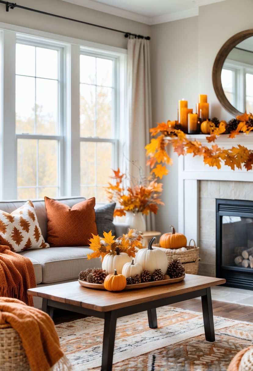 28 Fall-Inspired Home Styling Tips for a Warm and Inviting Space 32 A cozy living room decorated with fall-themed items including pumpkins, autumn leaves, and warm-colored pillows.