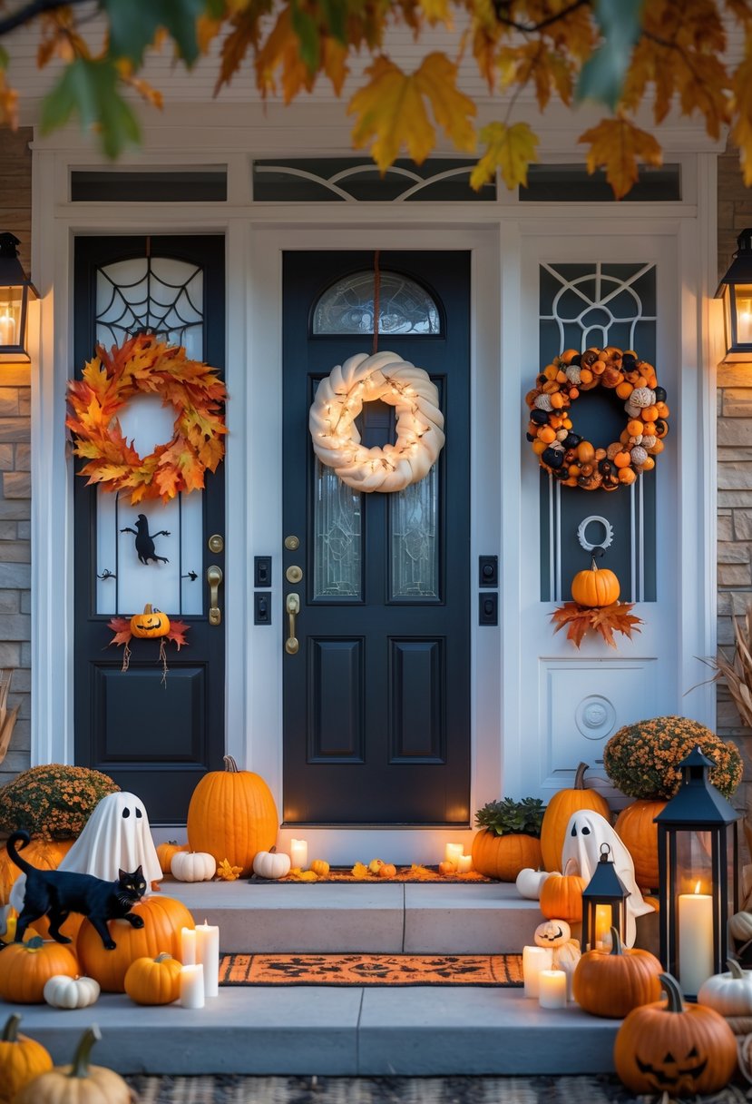 21 Halloween Door Ideas 2025 To Elevate Your Spooky Decor 2 A collection of front doors decorated with various Halloween-themed decorations including pumpkins, wreaths, spider webs, and lanterns.