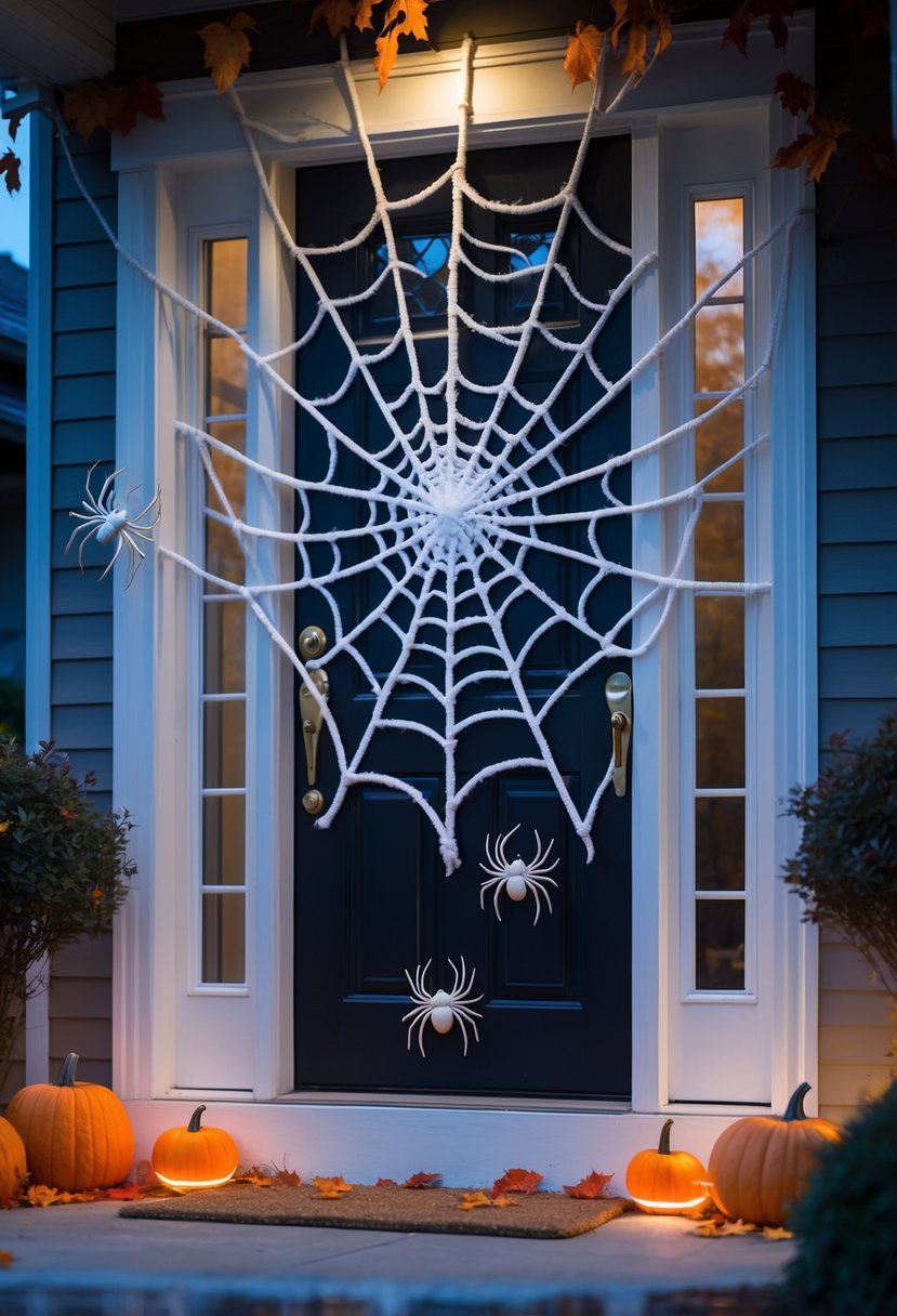 21 Halloween Door Ideas 2025 To Elevate Your Spooky Decor 3 Front door decorated with a large spider web and fake spiders for Halloween.