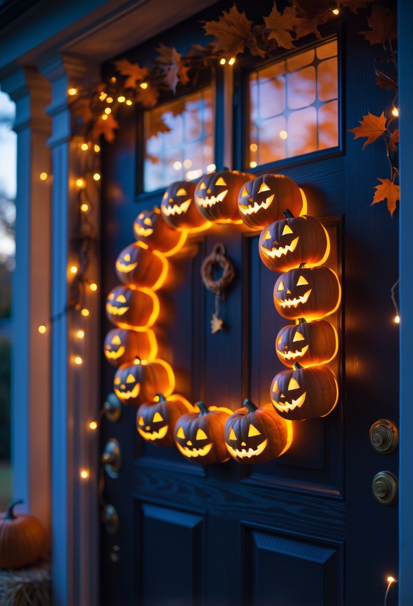 21 Halloween Door Ideas 2025 To Elevate Your Spooky Decor 4 A glowing Jack-o'-lantern wreath made of small illuminated pumpkins hanging on a front door surrounded by autumn decorations.