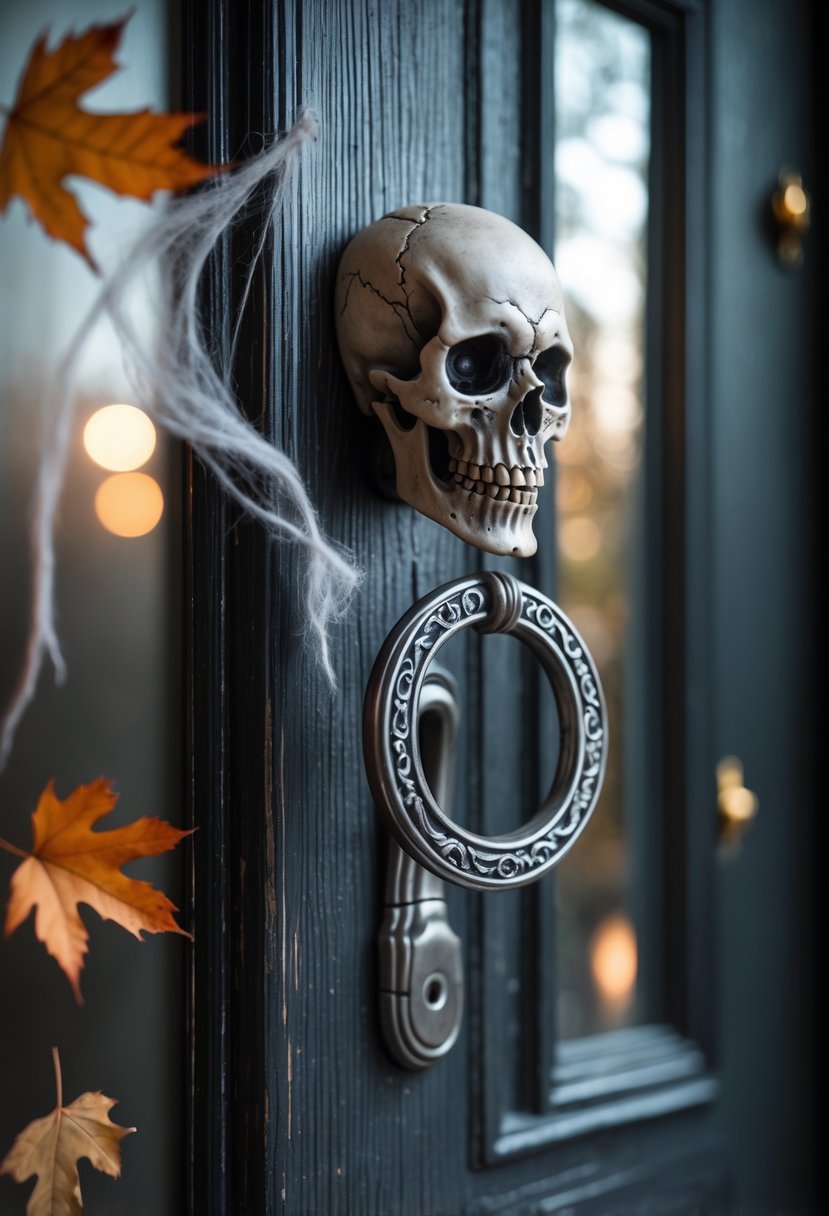 21 Halloween Door Ideas 2025 To Elevate Your Spooky Decor 5 Close-up of a dark wooden door with a realistic skeleton hand door knocker and subtle Halloween decorations around it.