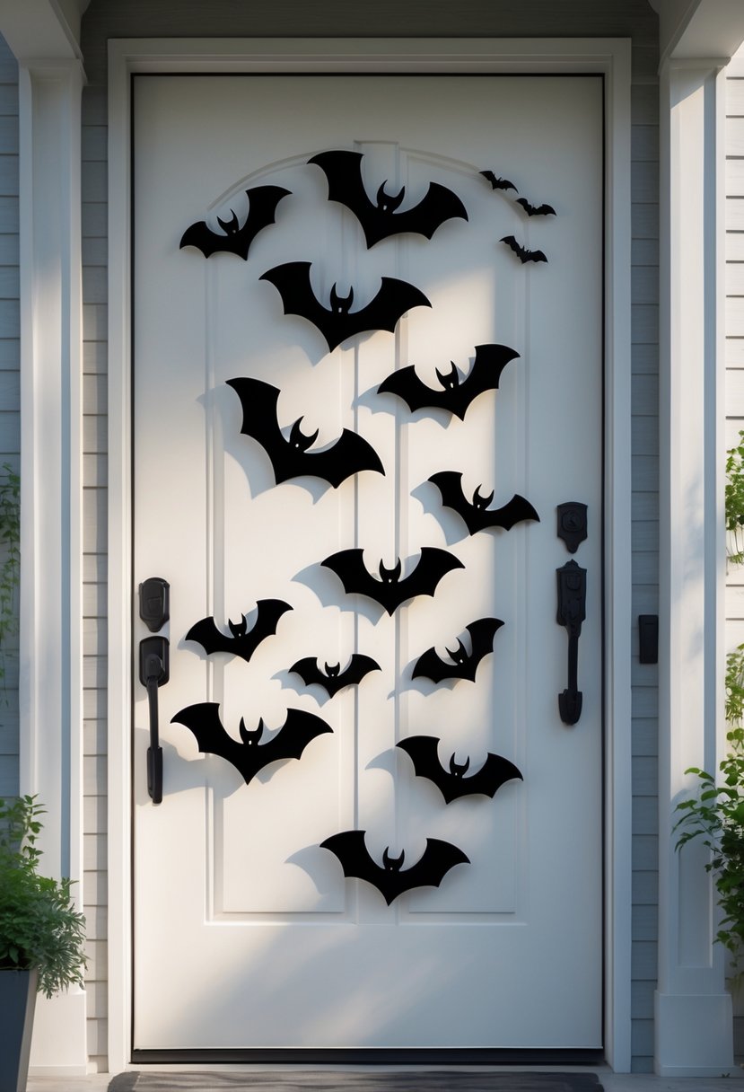 21 Halloween Door Ideas 2025 To Elevate Your Spooky Decor 6 A front door decorated with various black bat silhouettes arranged in a Halloween theme.