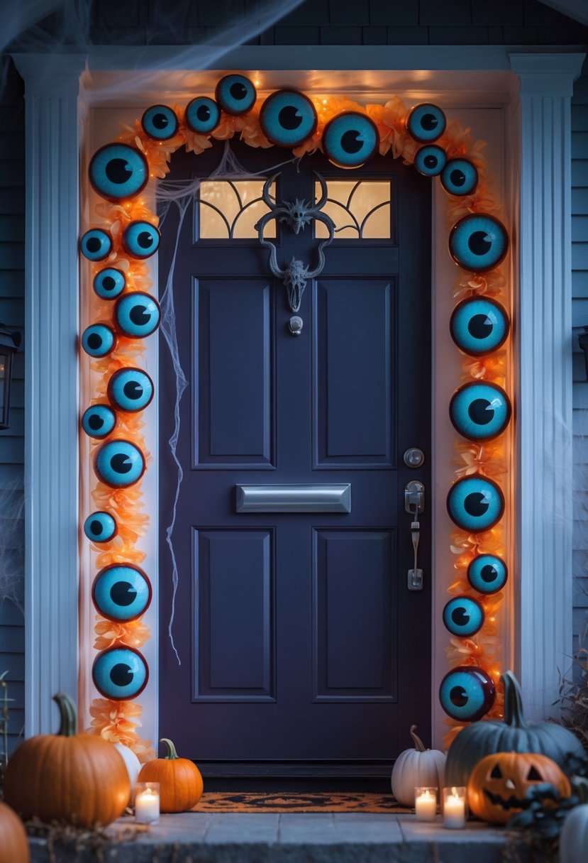 21 Halloween Door Ideas 2025 To Elevate Your Spooky Decor 7 A front door decorated with a creepy eyeball garland and Halloween decorations including pumpkins and cobwebs at twilight.
