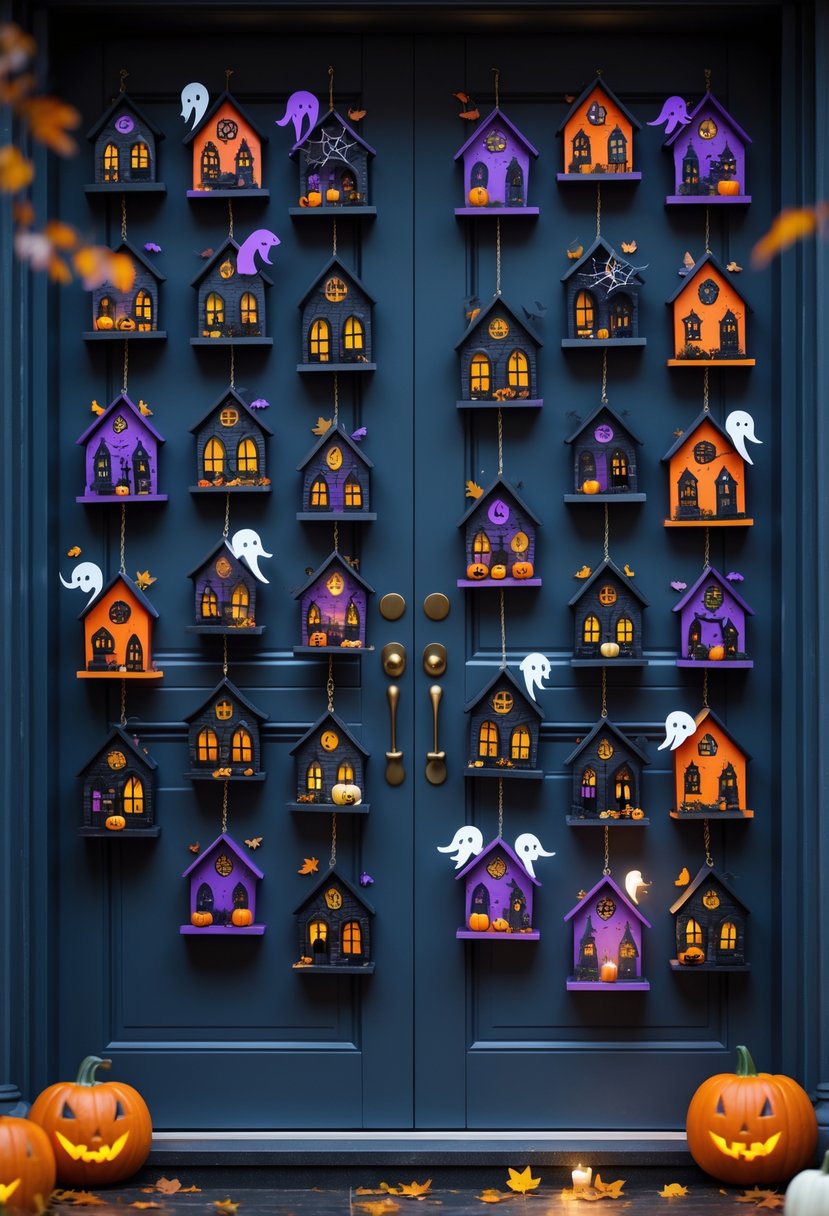 21 Halloween Door Ideas 2025 To Elevate Your Spooky Decor 8 A variety of mini haunted house door hangers displayed on different doors with Halloween decorations like pumpkins and cobwebs.