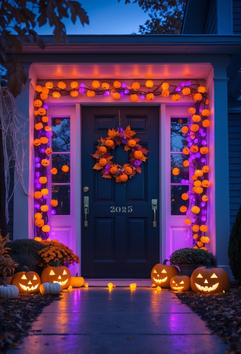 21 Halloween Door Ideas 2025 To Elevate Your Spooky Decor 9 A front door decorated with orange and purple LED string lights and Halloween decorations including pumpkins and fall leaves, glowing at twilight.
