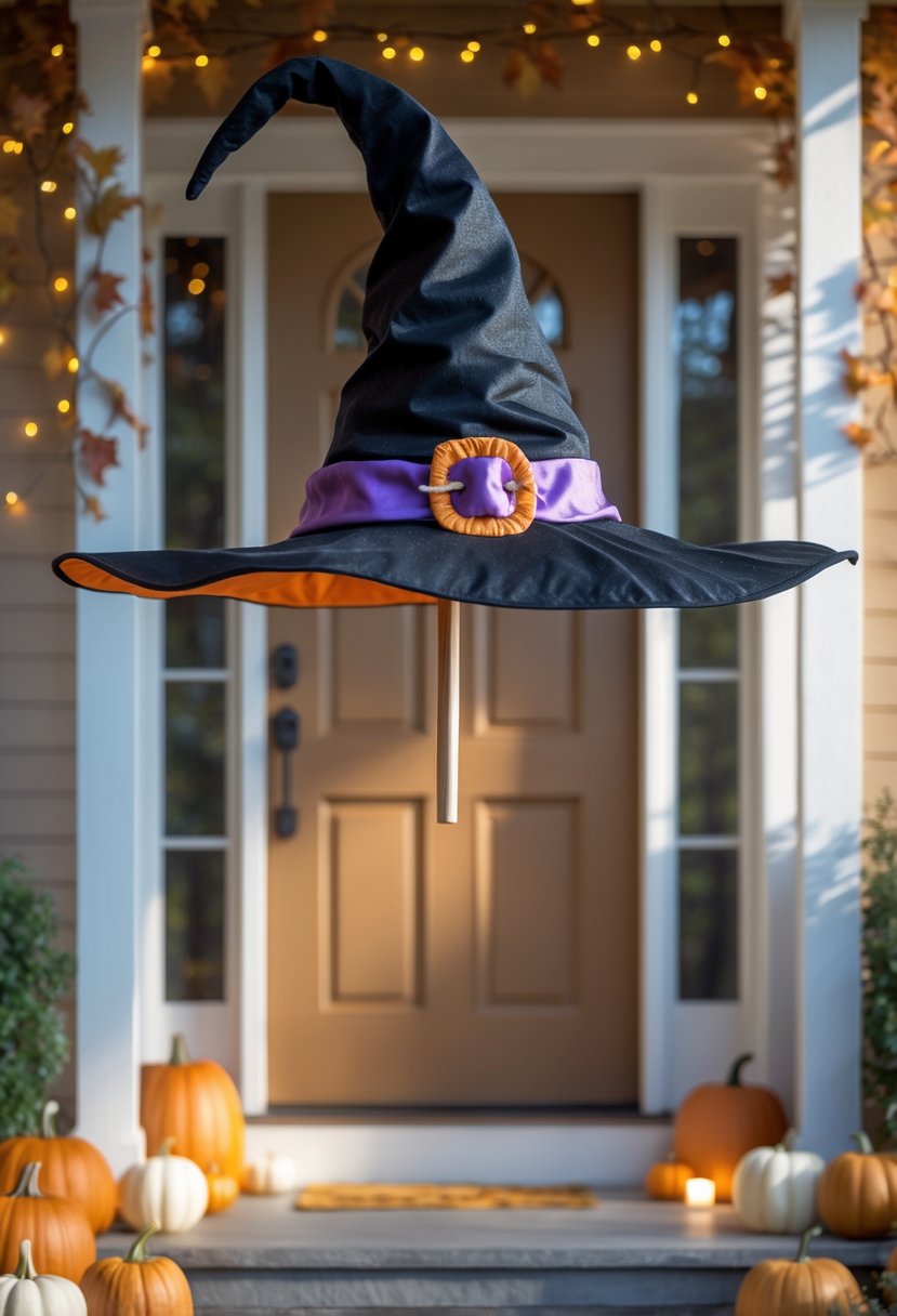 21 Halloween Door Ideas 2025 To Elevate Your Spooky Decor 10 Front door decorated with a large black witch hat door topper and autumnal Halloween decorations including pumpkins and fall leaves.