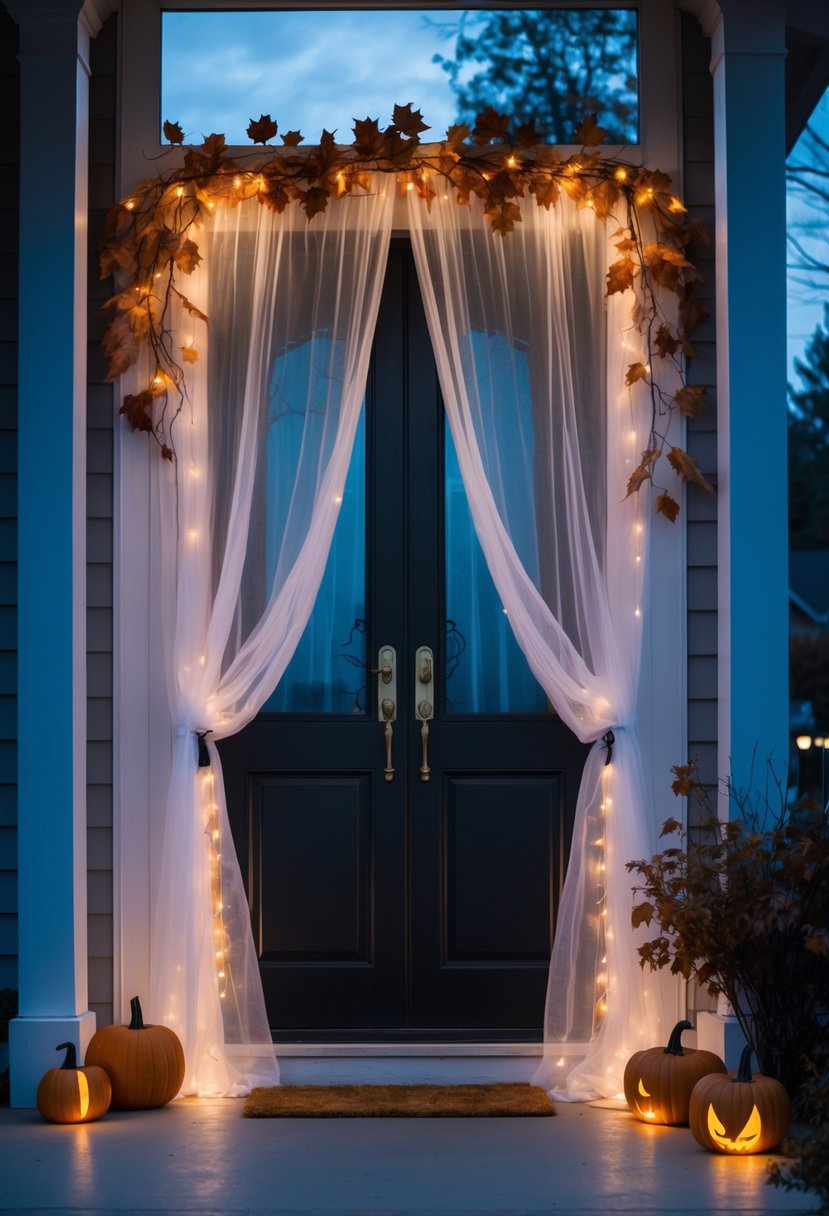 21 Halloween Door Ideas 2025 To Elevate Your Spooky Decor 11 A front door decorated with ghostly sheer white curtains and autumn decorations including pumpkins and fairy lights at twilight.
