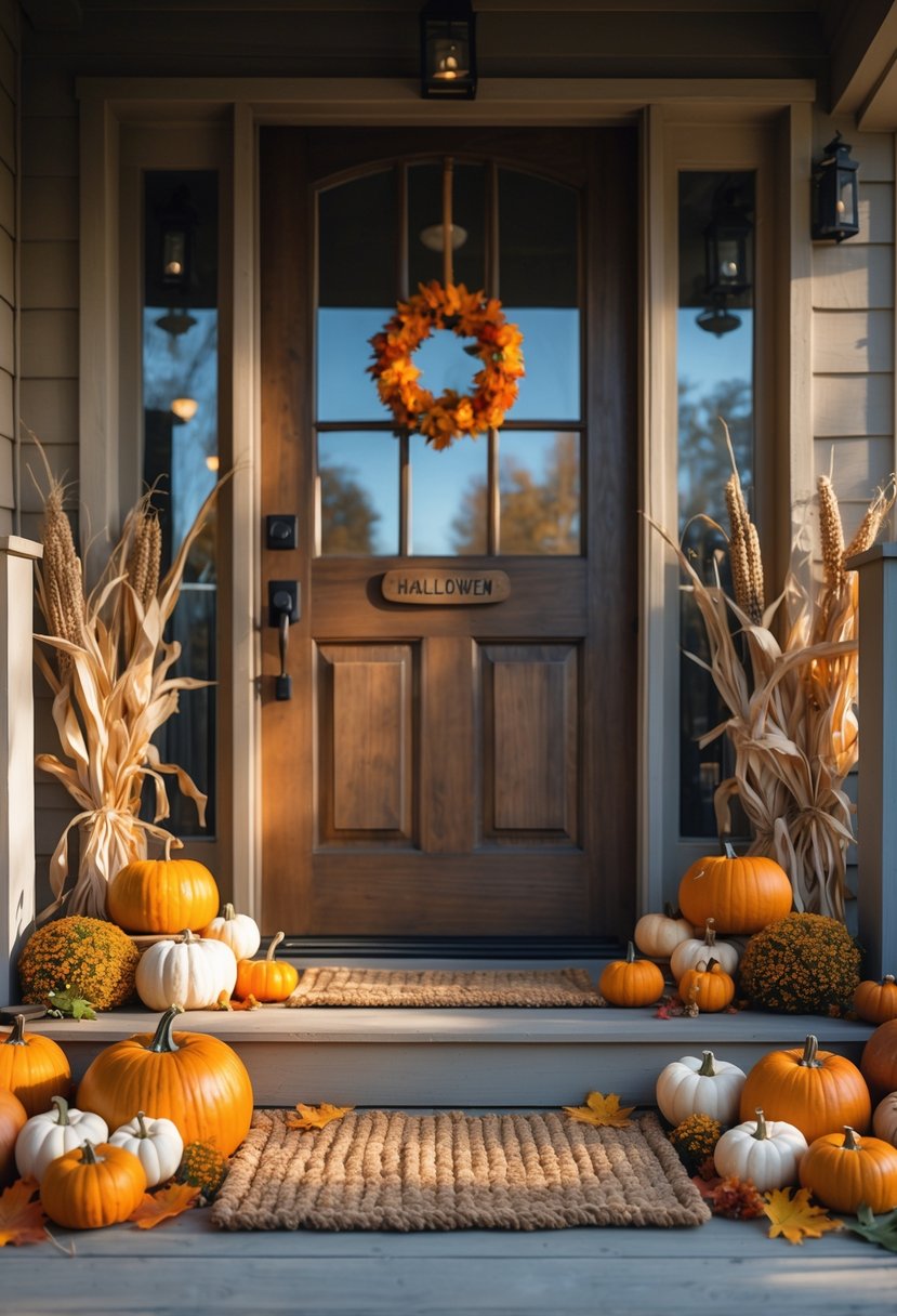 21 Halloween Door Ideas 2025 To Elevate Your Spooky Decor 12 A doorstep with a pumpkin patch welcome mat surrounded by pumpkins, fallen leaves, and autumn decorations in front of a wooden door.