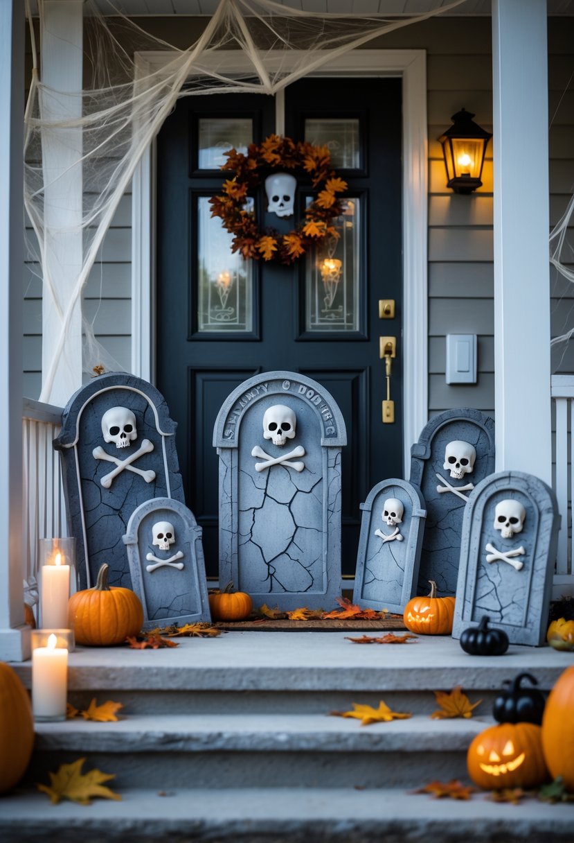 21 Halloween Door Ideas 2025 To Elevate Your Spooky Decor 13 A front door decorated with multiple tombstone-shaped Halloween door signs surrounded by pumpkins, cobwebs, and candles on a porch.