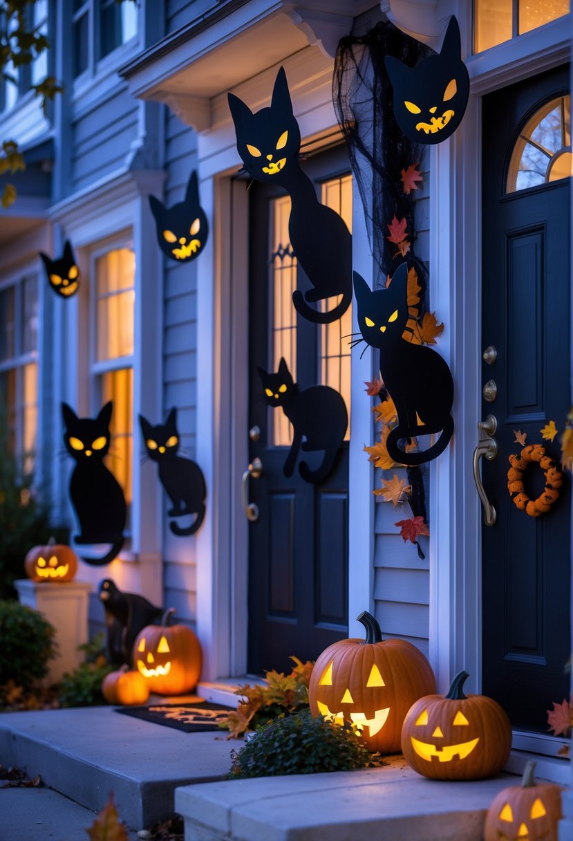21 Halloween Door Ideas 2025 To Elevate Your Spooky Decor 14 A group of front doors decorated with black cat cutouts and Halloween decorations like pumpkins and autumn leaves in a neighborhood setting.
