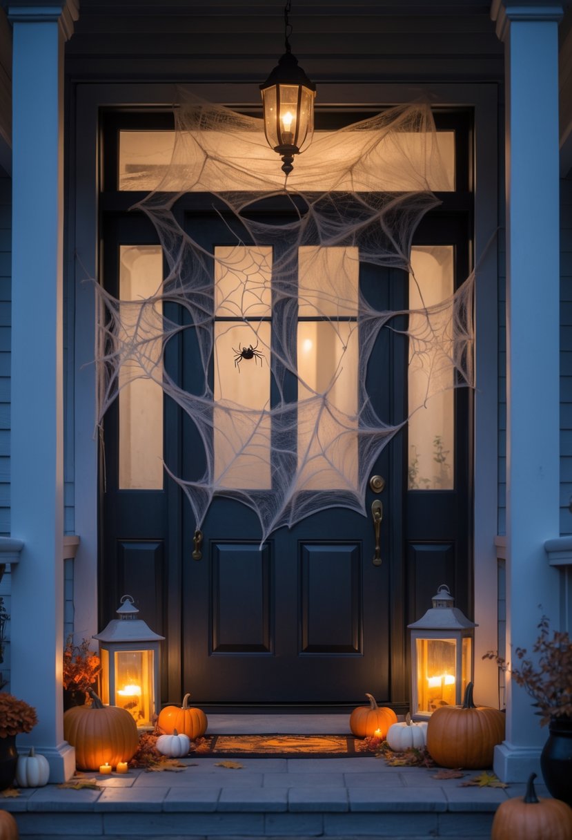 21 Halloween Door Ideas 2025 To Elevate Your Spooky Decor 15 A front door decorated with glowing lanterns covered in cobwebs and surrounded by pumpkins and autumn leaves at twilight.