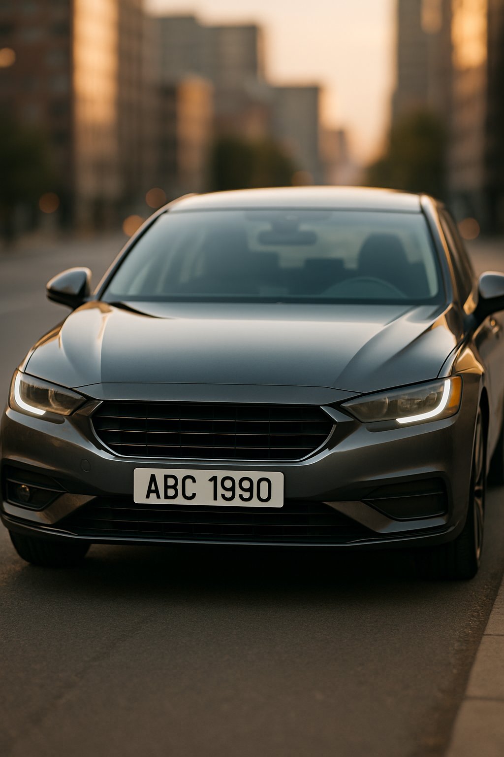 A modern car parked in a city setting with a custom license plate showing initials and a birth year.