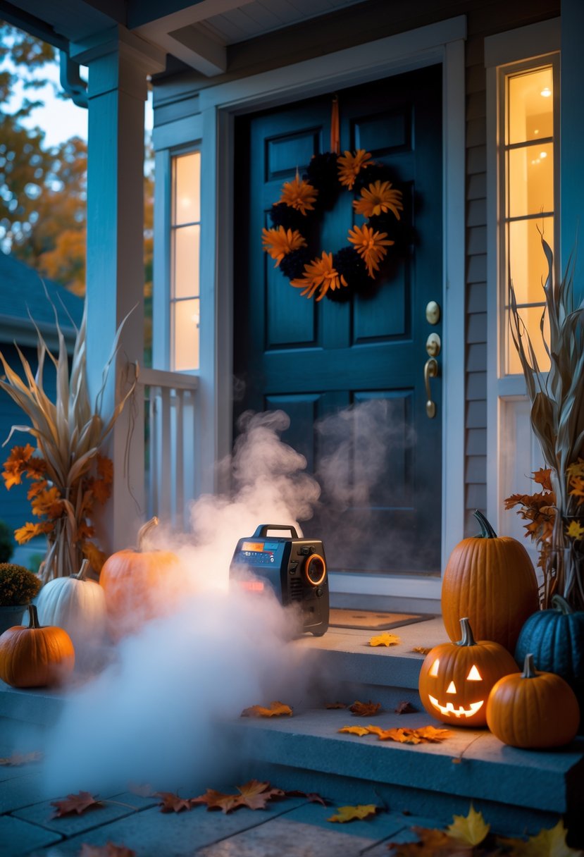 21 Halloween Door Ideas 2025 To Elevate Your Spooky Decor 17 A fog machine on a decorated doorstep with pumpkins and autumn leaves creating a foggy Halloween scene.