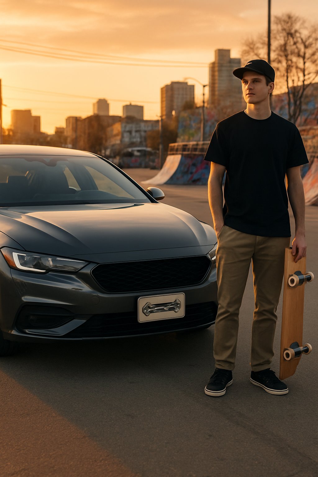 A young person holding a skateboard stands next to a modern car with custom license plates on an urban street with graffiti and skate ramps.