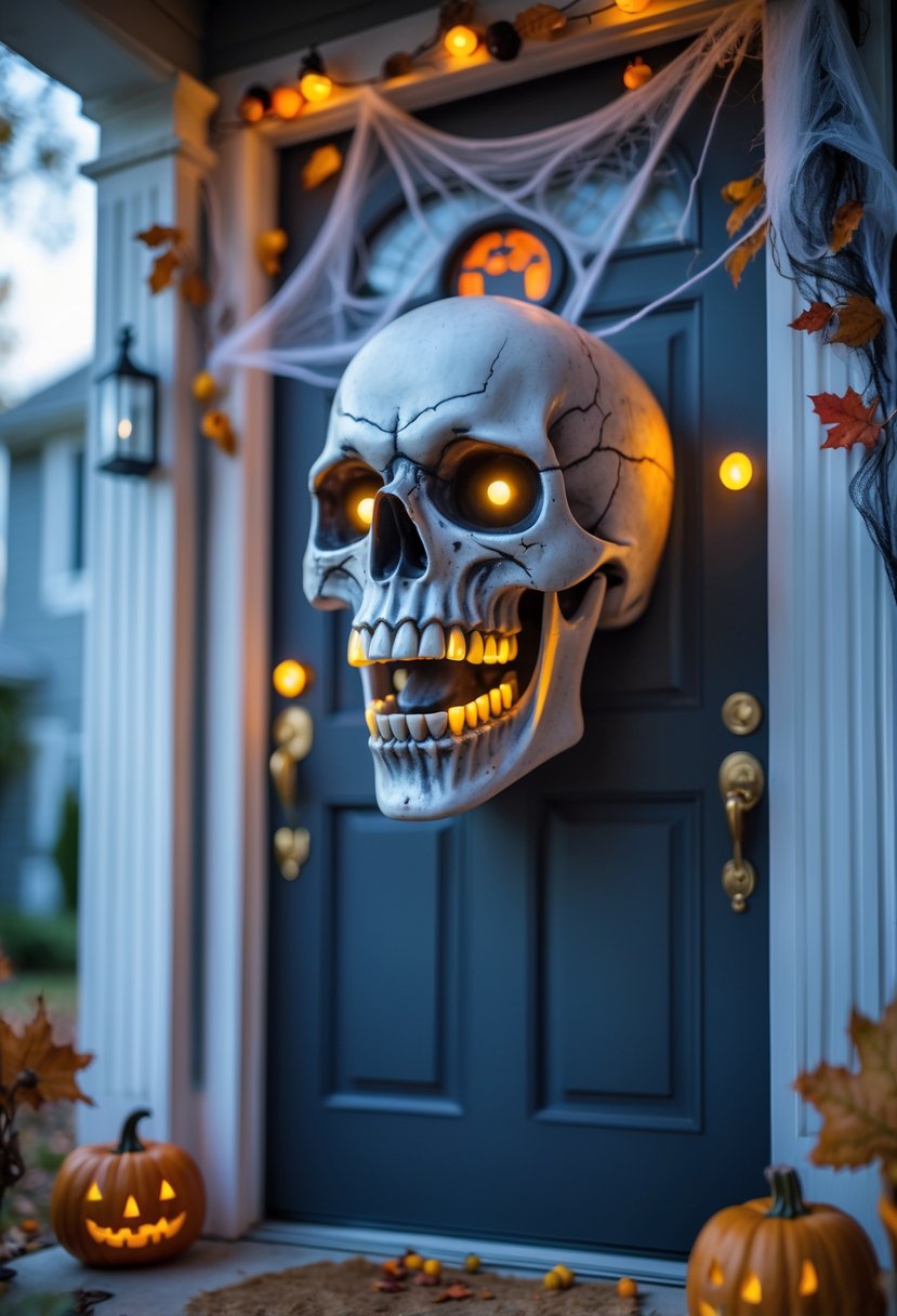 21 Halloween Door Ideas 2025 To Elevate Your Spooky Decor 18 A front door decorated with a realistic animated talking skull and Halloween decorations including pumpkins and cobwebs.