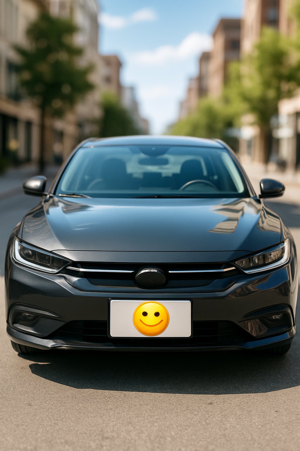 A shiny modern car parked on a city street with a clear view of its custom license plate area.