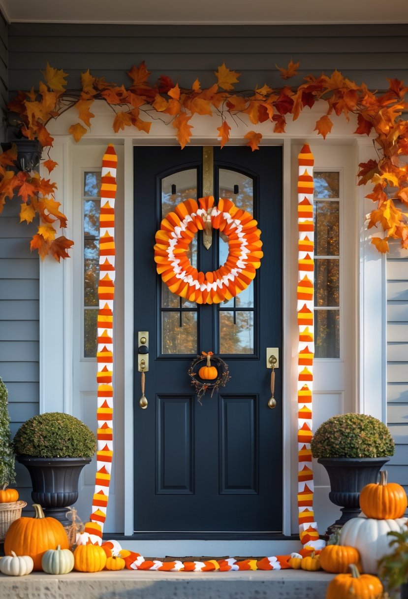 21 Halloween Door Ideas 2025 To Elevate Your Spooky Decor 19 Front door decorated with a candy corn garland and autumn decorations including pumpkins and fall leaves.