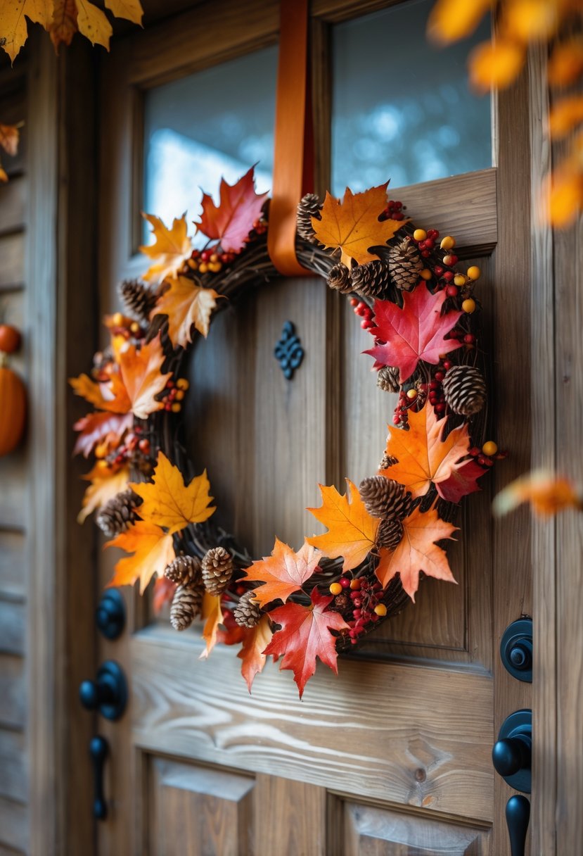 21 Halloween Door Ideas 2025 To Elevate Your Spooky Decor 21 A rustic fall leaf wreath hanging on a wooden front door with subtle Halloween decorations.