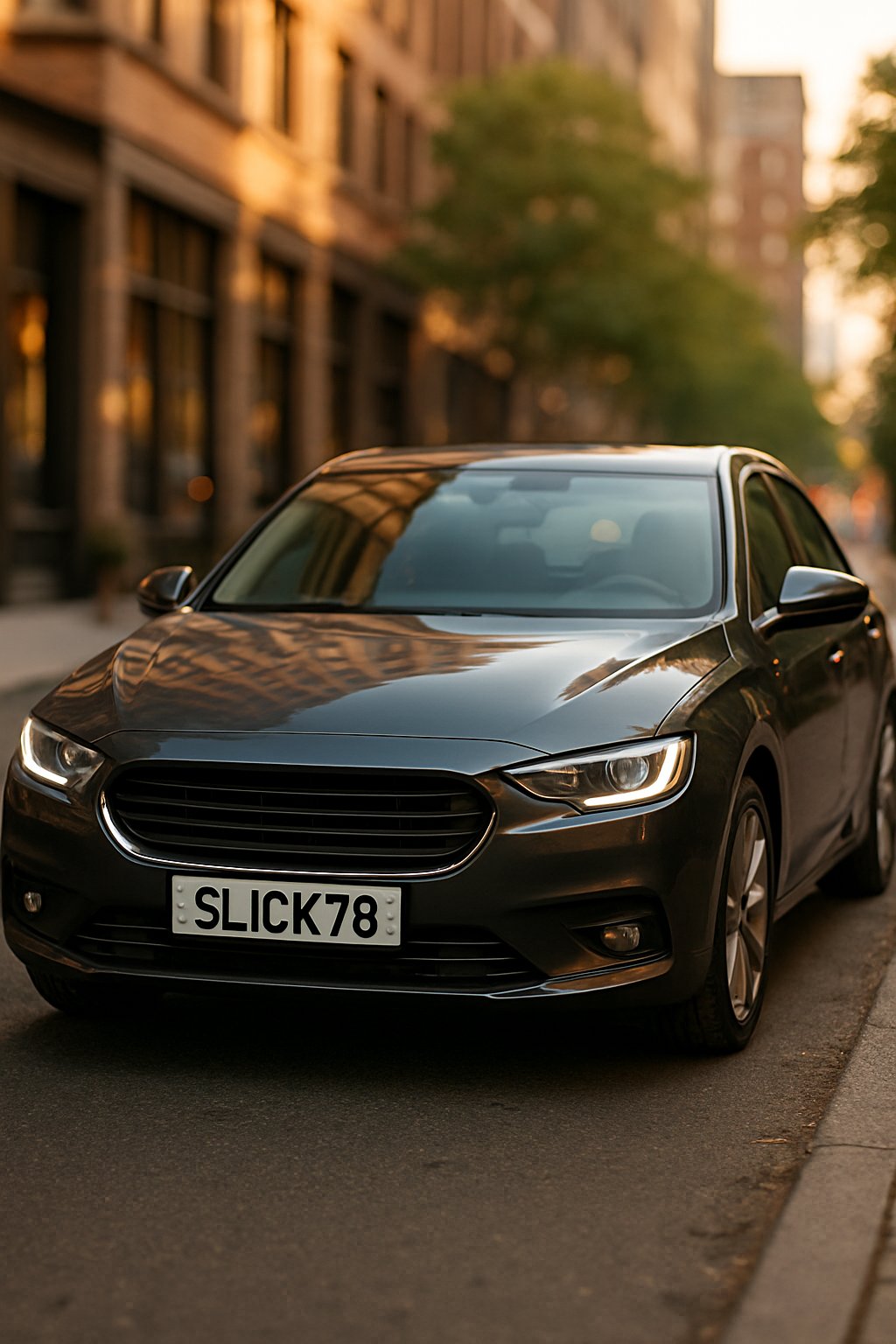 A modern car parked on a city street with a custom license plate combining a nickname and a lucky number.