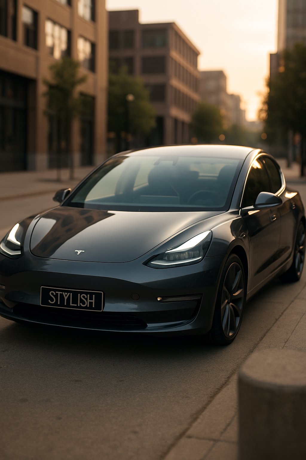 A modern car parked outdoors with a custom license plate, highlighting the car's design and details.