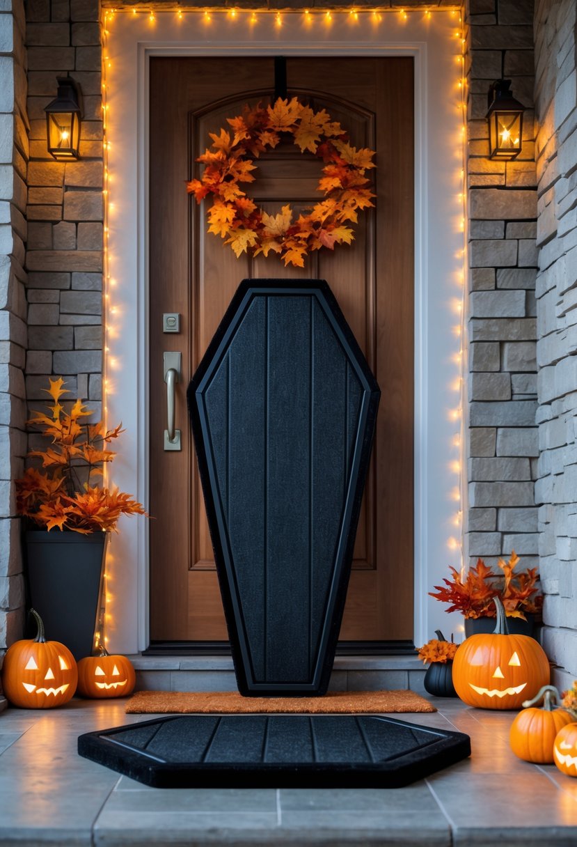 21 Halloween Door Ideas 2025 To Elevate Your Spooky Decor 22 A coffin-shaped door mat placed on a porch in front of a wooden door decorated with pumpkins, autumn leaves, and orange fairy lights for Halloween.
