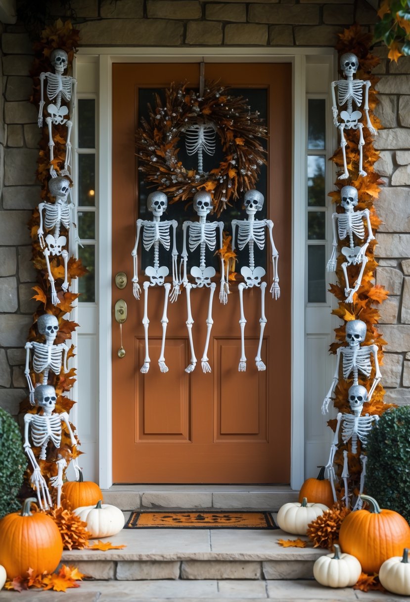 21 Halloween Door Ideas 2025 To Elevate Your Spooky Decor 23 Front door decorated with a glittery skeleton garland and autumn decorations including pumpkins and fall leaves.