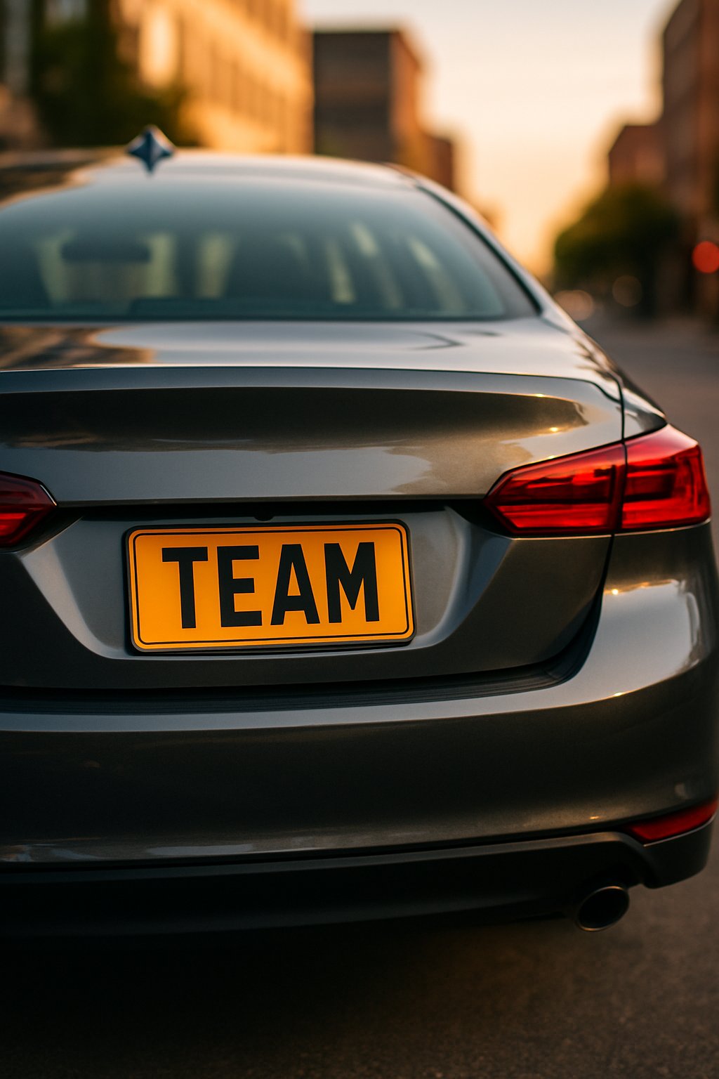 A modern car parked on a city street with a custom license plate displaying a sports team abbreviation.