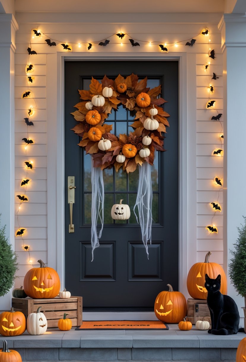 21 Halloween Door Ideas 2025 To Elevate Your Spooky Decor 24 Front door decorated with pumpkins, autumn wreath, string lights, and Halloween-themed ornaments on a modern house porch.