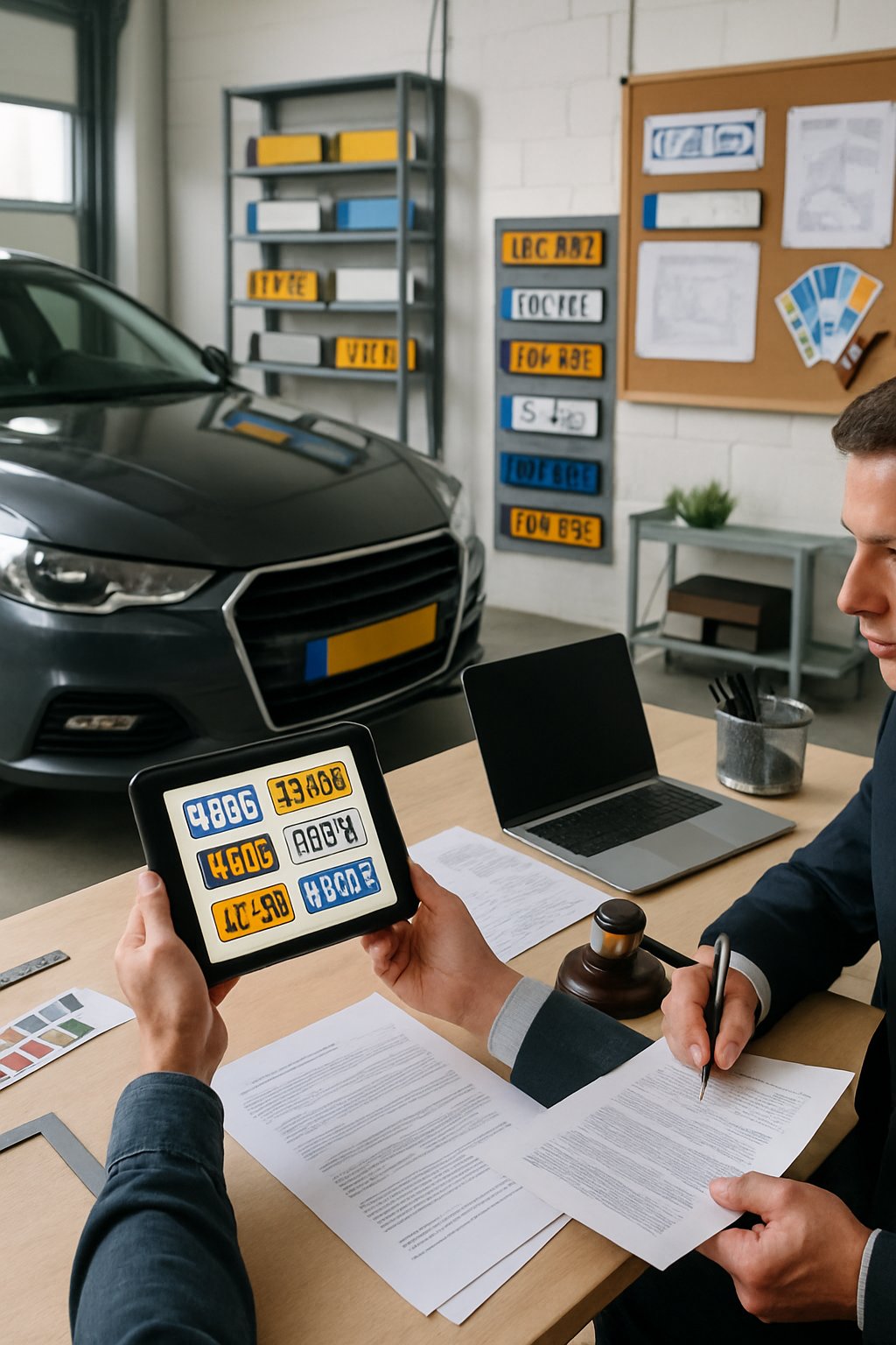 A car in a workshop with a designer showing custom license plate ideas on a tablet and a legal expert reviewing documents nearby.