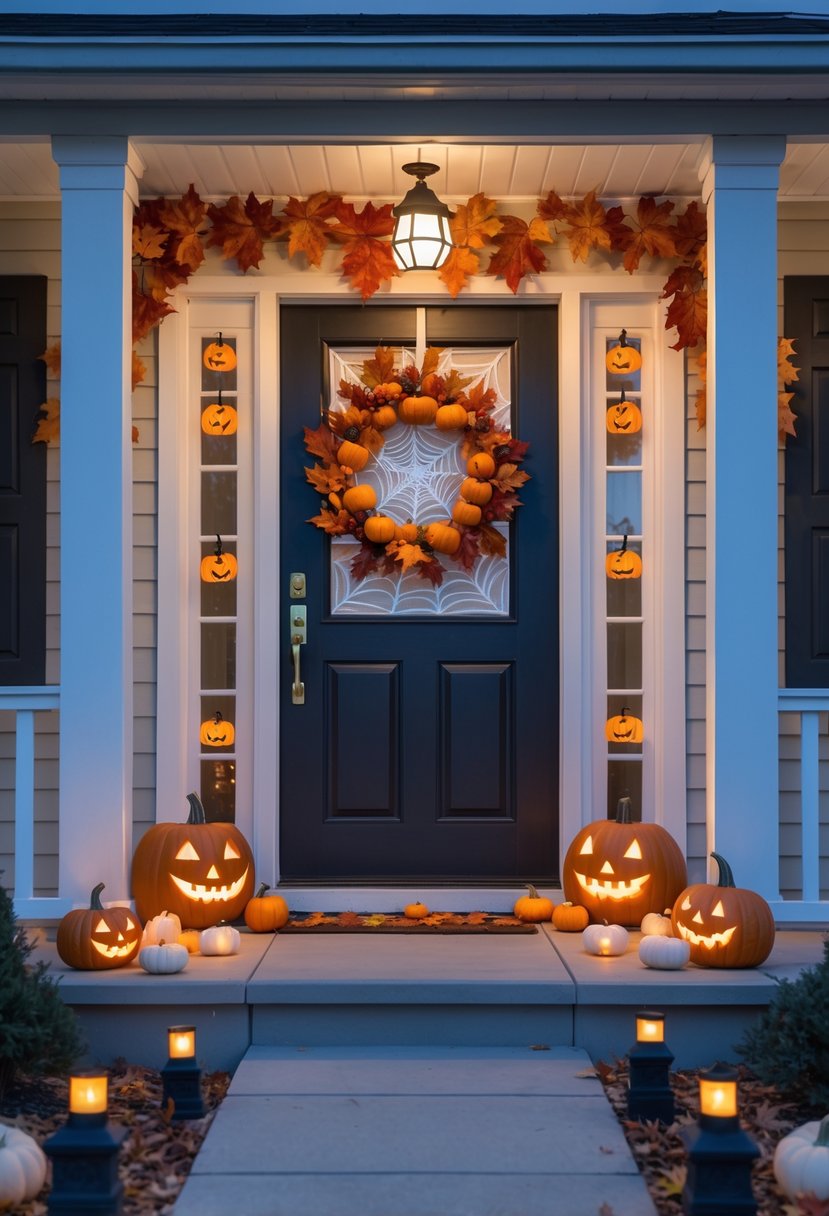 21 Halloween Door Ideas 2025 To Elevate Your Spooky Decor 25 A front porch decorated with a Halloween wreath, pumpkins, lanterns, and friendly Halloween figurines, with clear pathways and warm lighting.