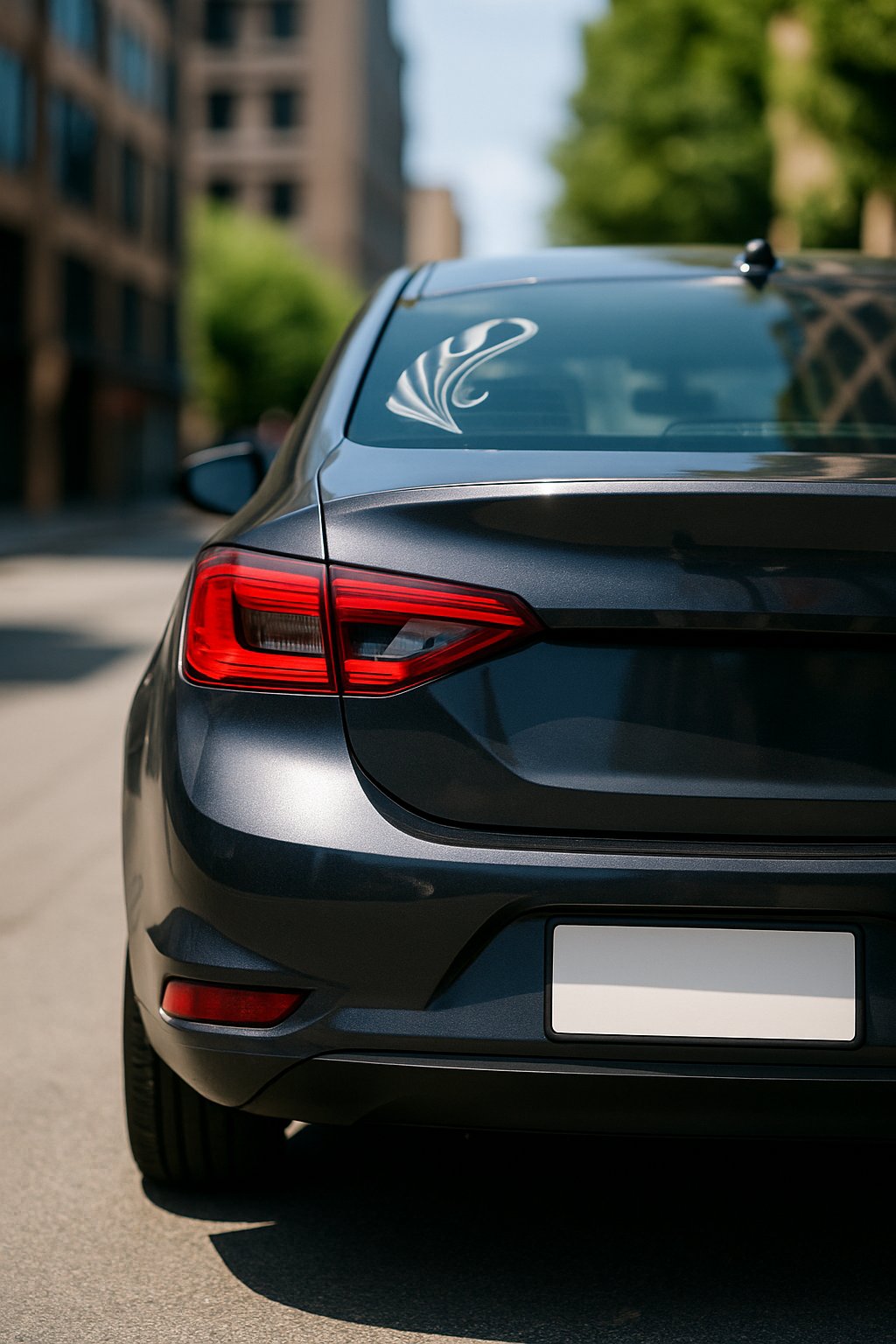 Close-up of a modern car with a custom license plate area, parked on a city street with buildings and trees in the background.