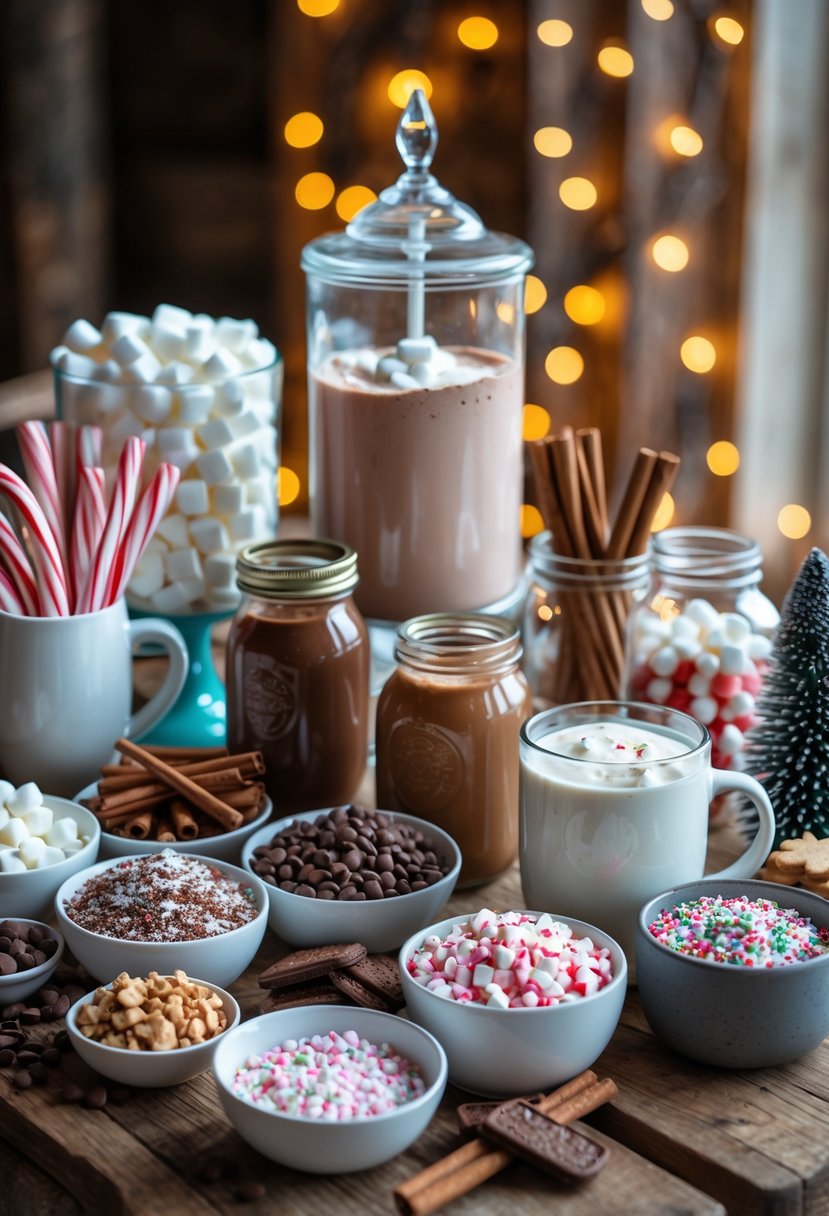 A hot cocoa bar with mugs, jars of marshmallows, chocolate chips, cinnamon sticks, whipped cream, and various toppings on a wooden table.