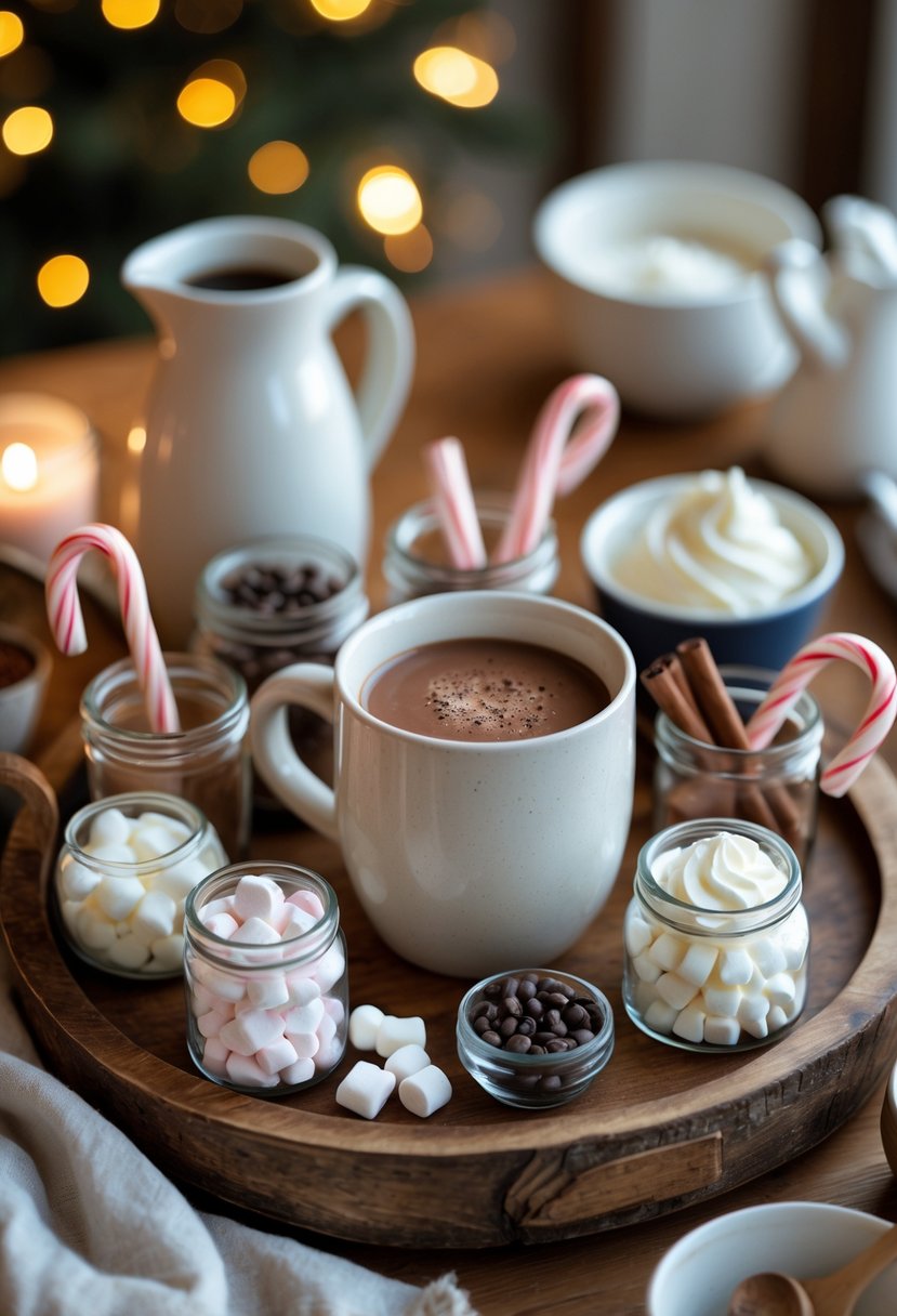 A rustic wooden tray arranged with a mug of hot cocoa, jars of marshmallows, chocolate chips, cinnamon sticks, candy canes, and a milk pitcher on a table.