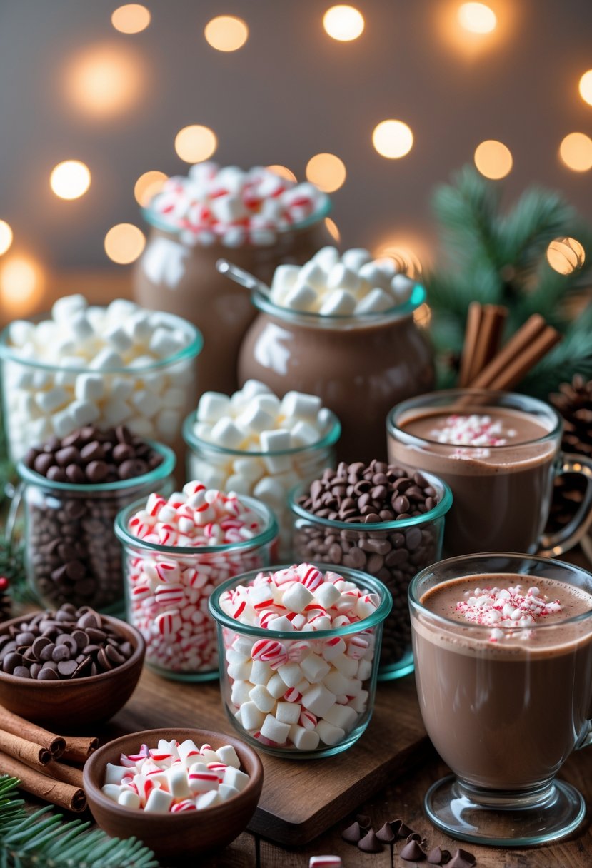 A hot cocoa bar with jars of mini marshmallows, crushed peppermint, and mugs of hot chocolate on a wooden table decorated for the holidays.