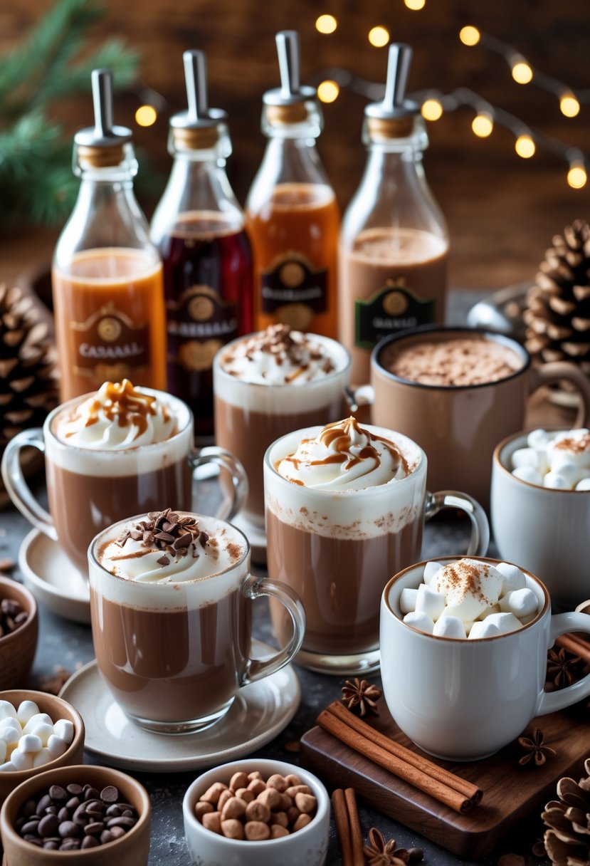 A hot cocoa bar setup with mugs of hot chocolate topped with whipped cream, bottles of caramel and hazelnut syrup, and bowls of marshmallows and chocolate chips on a wooden table.