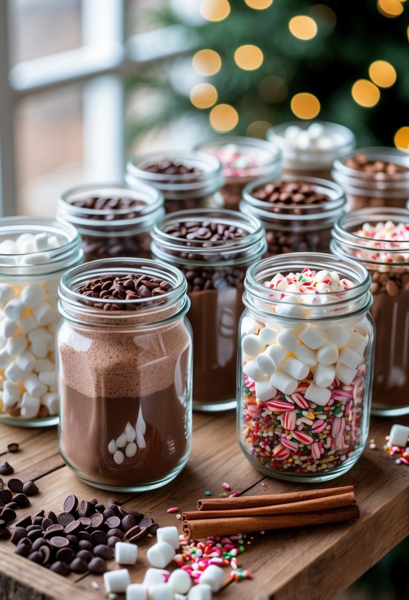 Clear glass jars filled with cocoa mix and various toppings arranged on a wooden table for a hot cocoa bar.