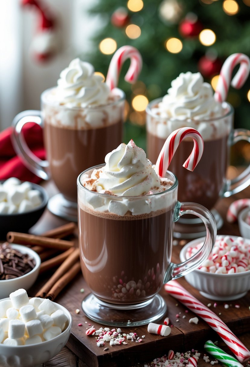 A hot cocoa bar setup with mugs of hot chocolate, cinnamon sticks, candy canes, marshmallows, and various toppings arranged on a wooden table.