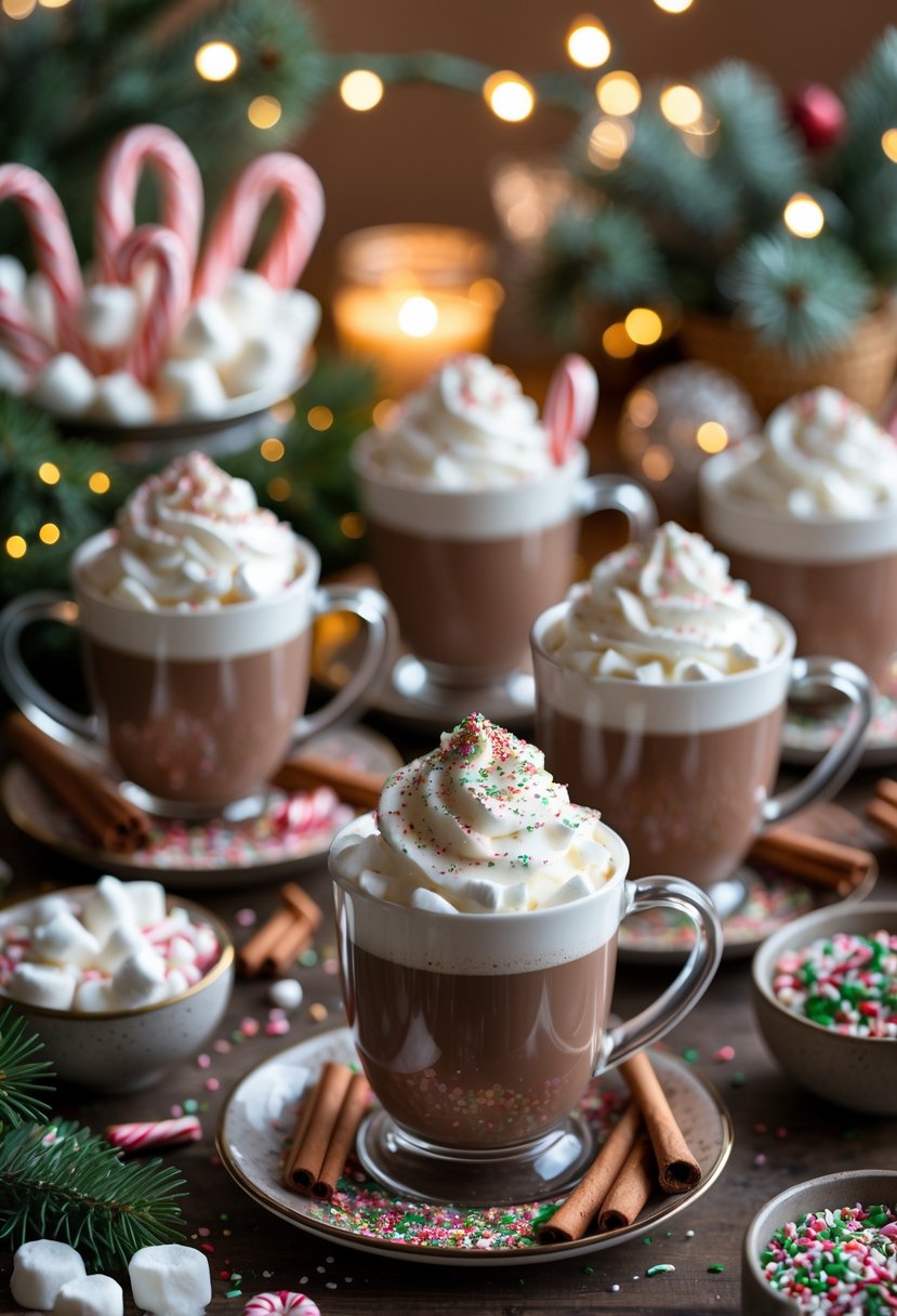 A hot cocoa bar with mugs of hot chocolate topped with whipped cream and edible glitter, surrounded by marshmallows, cinnamon sticks, candy canes, and festive decorations.