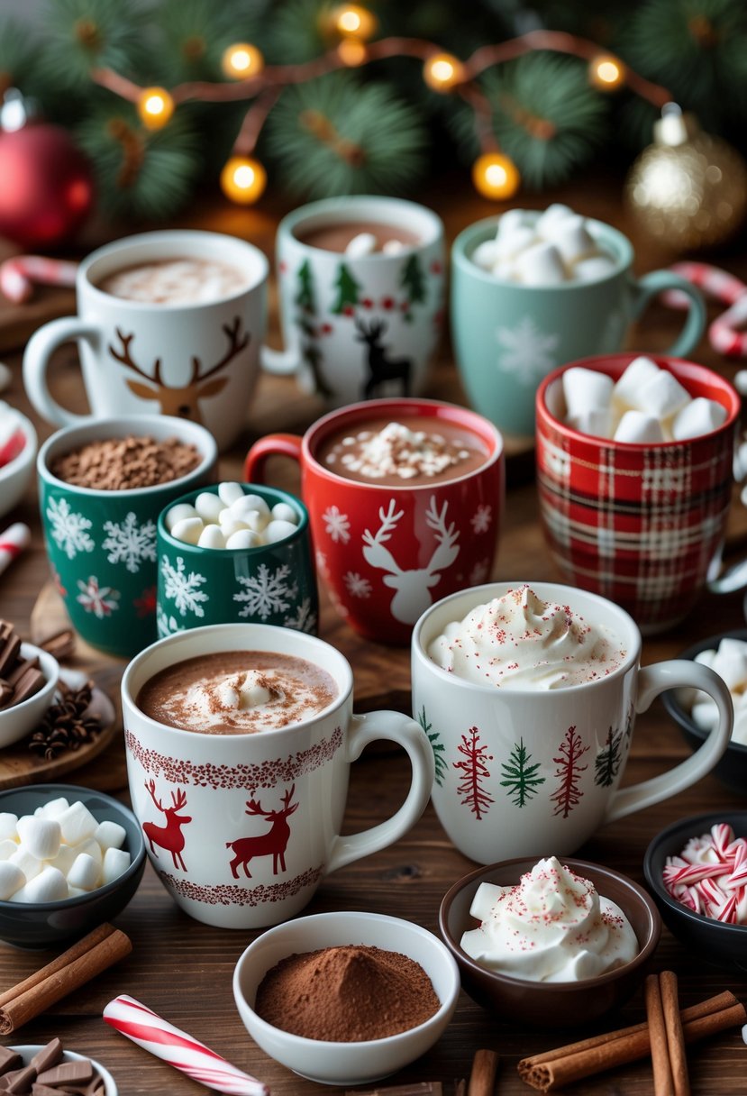 A variety of mugs on a table with hot cocoa toppings and holiday decorations.