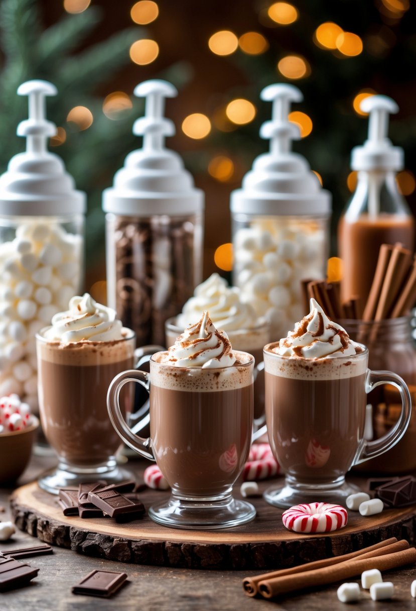 A hot cocoa bar with whipped cream dispensers, mugs of hot chocolate, and various toppings like marshmallows and cinnamon sticks on a wooden table.