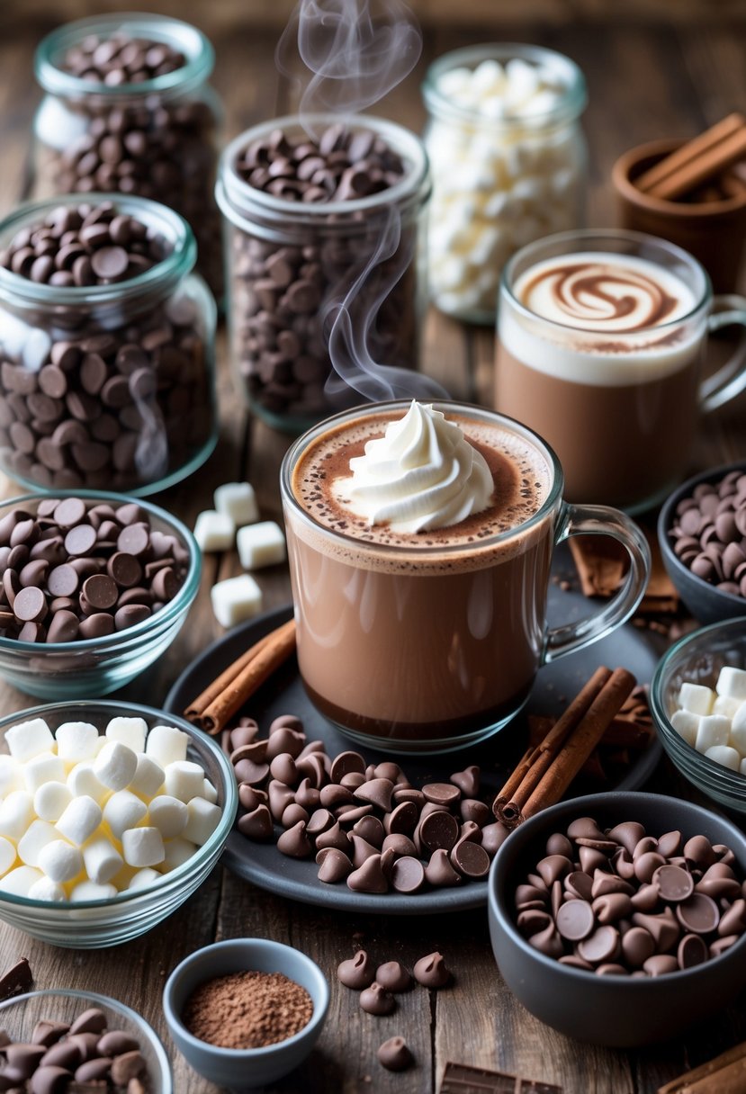 A cozy hot cocoa bar setup with jars of milk, dark, and white chocolate chips, a steaming mug of hot cocoa topped with whipped cream, and various toppings on a wooden table.
