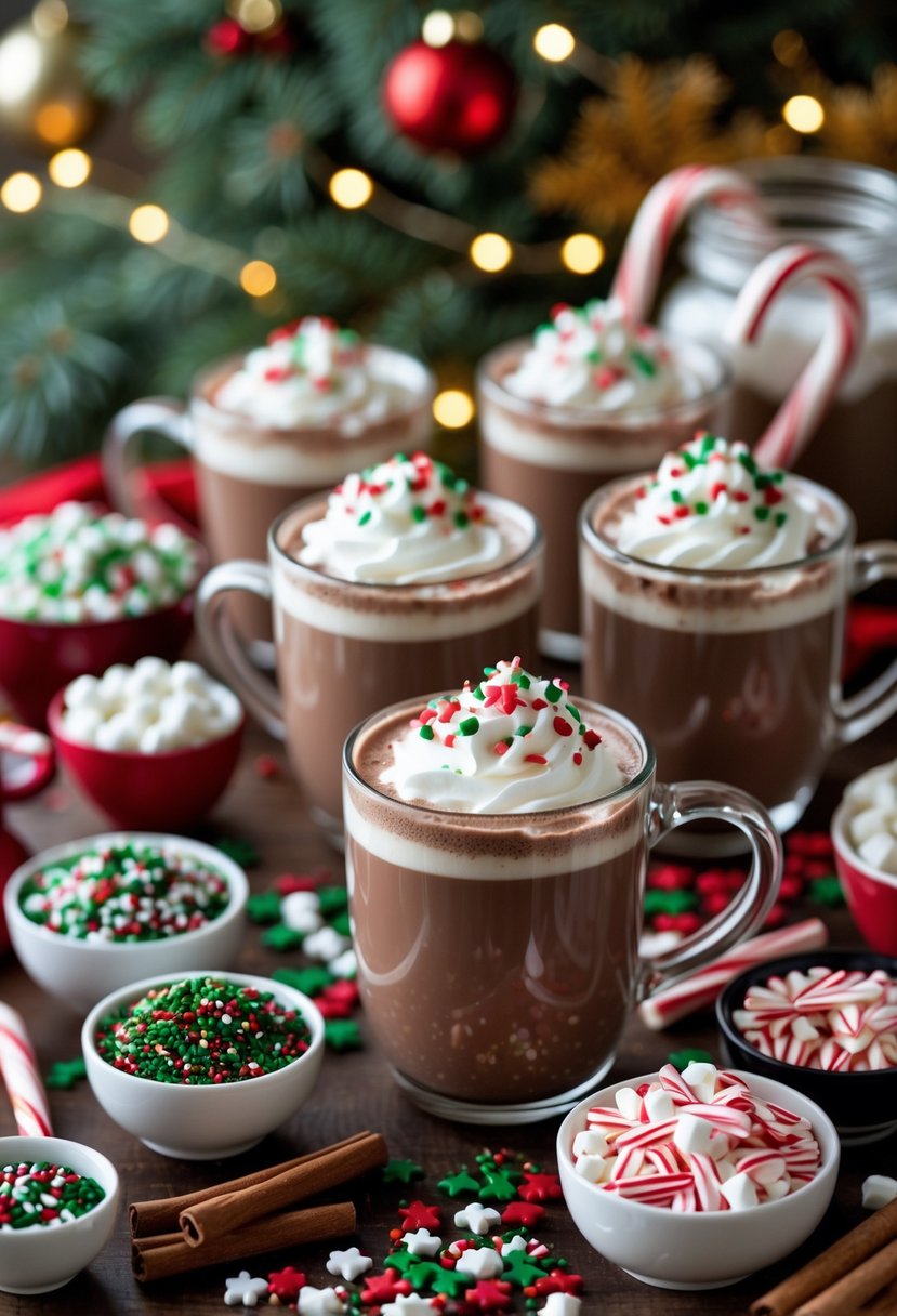 A festive hot cocoa bar with mugs of hot chocolate topped with whipped cream and colorful holiday sprinkles, surrounded by bowls of sprinkles, marshmallows, and holiday decorations.