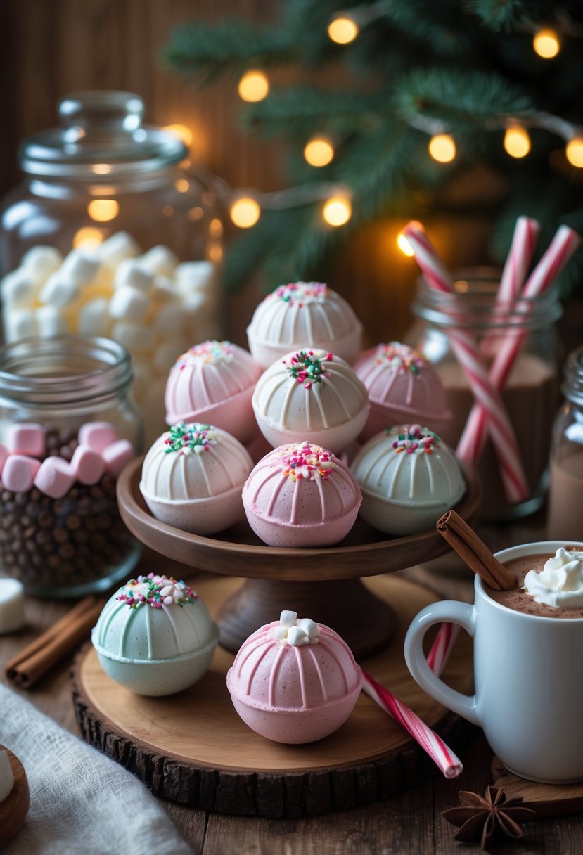 A cozy hot cocoa bar with homemade hot cocoa bombs, jars of marshmallows and toppings, and a steaming mug of hot cocoa on a wooden table.
