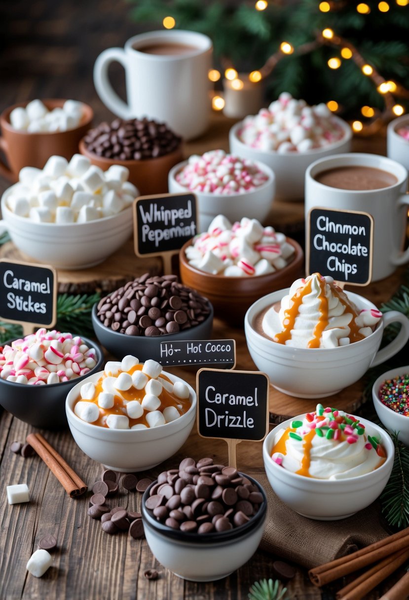 A hot cocoa bar setup with various toppings in bowls, each labeled with small chalkboard signs, arranged on a wooden table with mugs of hot cocoa and festive decorations in the background.