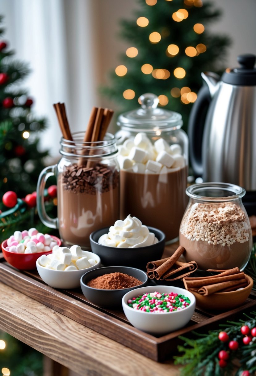 A hot cocoa bar setup with ingredients and toppings on a wooden table, decorated with a small Christmas tree or garland nearby.