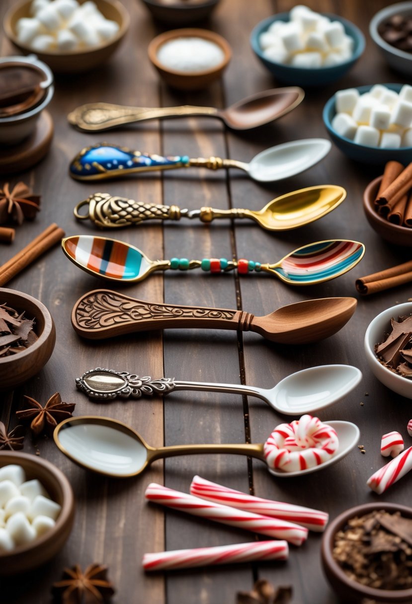 A collection of spoons with unique handles arranged with hot cocoa ingredients like marshmallows, chocolate shavings, and cinnamon sticks on a wooden surface.