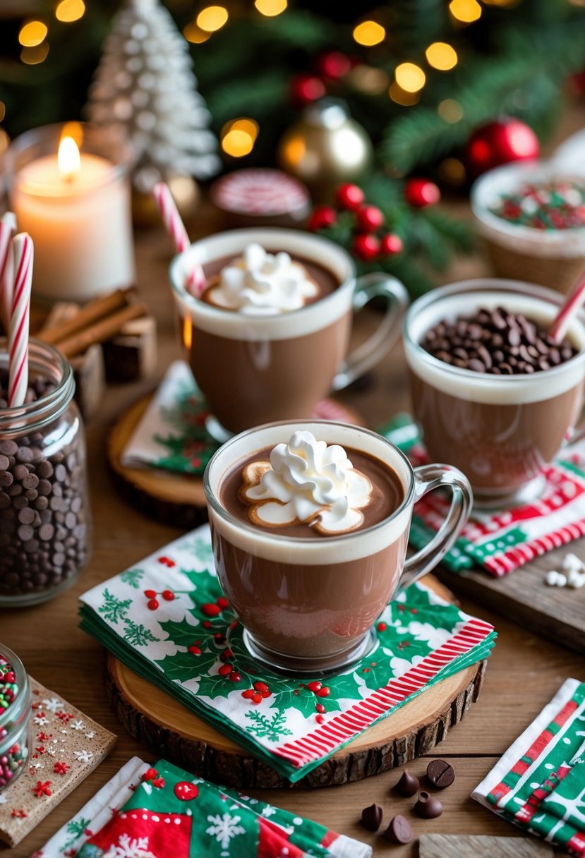 A cozy hot cocoa bar setup with mugs of hot chocolate, festive napkins, coasters, and holiday-themed toppings on a wooden table.