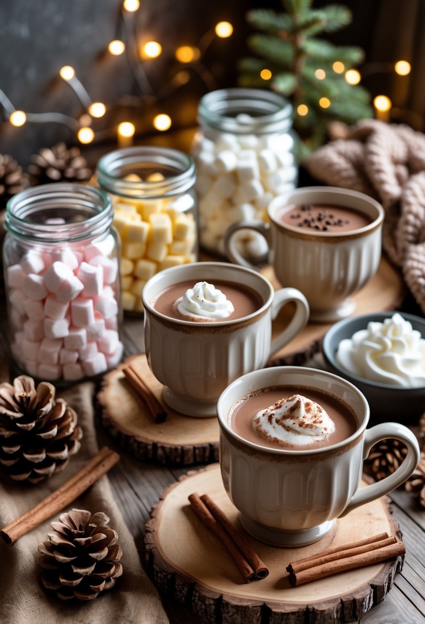 A cozy hot cocoa bar with mugs of steaming cocoa, jars of flavored marshmallows, and various toppings arranged on a wooden table.