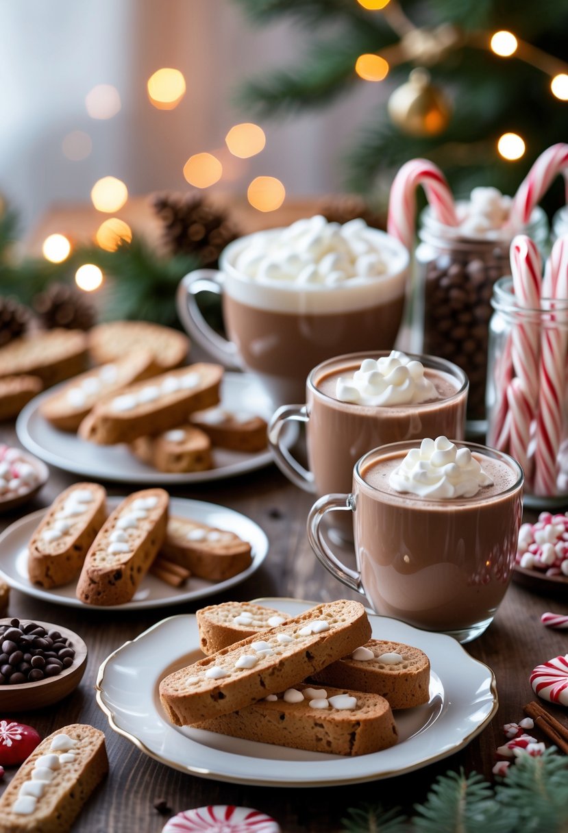 A hot cocoa bar setup with mugs of hot chocolate, biscotti, and cookies arranged on plates and trays on a wooden table.